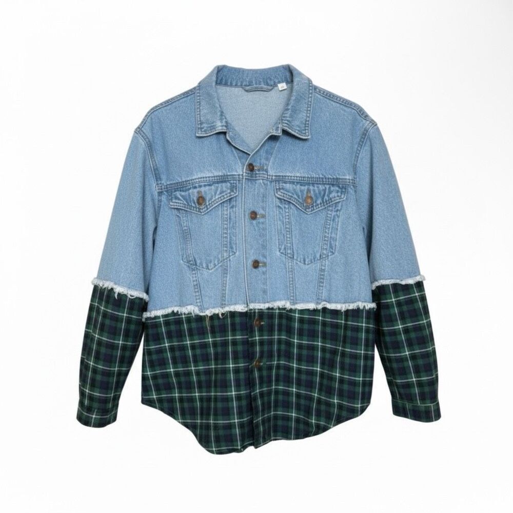 Princess Polly Mixed Media Denim & Flannel Larkin Jean Jacket Blue Green S/M‎